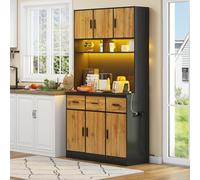 Gelukueub Buffet multifunzione con illuminazione a LED con controllo APP, cassetti, ripiani regolabili, fori di gestione dei cavi e prese, ideale per cucine e sala da pranzo (nero+naturale)