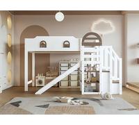 Gelukueub Lettino a castello, culla con finestra, con scivolo per bambini, scale con corrimano, con 2 armadietti nelle scale, design versatile, ampio spazio di archiviazione, pino+MDF, bianco+marrone