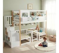 Gelukueub Lettino a castello, lettino multifunzione regolabile in altezza, con una piccola libreria sul bordo del letto, stabile scala portaoggetti, pino + MDF + compensato, bianco e naturale, 90 x