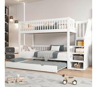 Gelukueub Letto a castello con letto a rotelle, culla con cabinet e corrimano, con griglia anticaduta su tutti i lati, pino+MDF, bianco, 90 x 200/190 cm