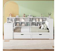 Gelukueub Letto a piattaforma in legno a forma di L, 140 x 200 cm, con scrivania e libreria, capitano ad angolo con testiera imbottita, cassetti sotto il letto, luce LED - bianco