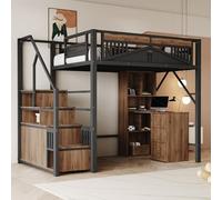 Gelukueub Letto a soppalco in metallo, 140 x 200 cm, alloggiamento di sicurezza unico con finestra, scala di sicurezza con armadietto, nero
