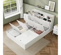 Gelukueub Letto da 140 x 200 cm, letto matrimoniale, con porta USB, con vano portaoggetti sotto il letto, senza materasso, bianco