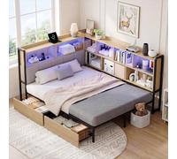 Gelukueub Letto imbottito con illuminazione a LED, porta USB & Typec, letto per ragazzi con 2 cassetti e rete a doghe in metallo, testiera con vano portaoggetti, colore naturale (140 x 200 cm)