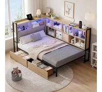 Gelukueub Letto imbottito con illuminazione a LED, porta USB & Typec, letto per ragazzi con 2 cassetti e rete a doghe in metallo, testiera con vano portaoggetti, colore naturale (90 x 200 cm)