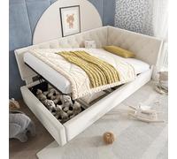 Gelukueub Letto imbottito per il giorno, divano letto con vano idraulico, letto per bambini, con rete a doghe in legno, velluto, senza materasso. (beige, 90 x 200 cm)