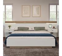 Gelukueub Letto matrimoniale con 2 comodini a LED e presa USB C, letto in legno, con 2 comodini, set completo in rovere Sonoma/bianco (senza materasso) (140 x 200 cm)
