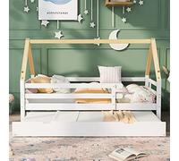 Gelukueub Letto per Casa sull'Albero Singolo per Bambini, Estraibile e Scorrevole con Ruote Inferiori, in Legno Massello, Bianco, con Sedia Sottotetto Colore Naturale (90 x