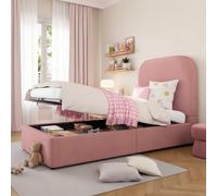 Gelukueub Letto singolo, letto per bambini 90 x 200 cm, letto funzionale idraulico, letto con rete a doghe, testiera e ampio spazio di archiviazione, testiera imbottita, velluto, rosa