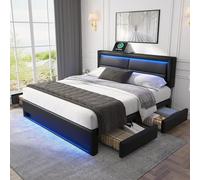 Gelukueub Lit capitonné 140 x 190 cm Avec Port USB (prend en Charge le chargement sans fil et filaire), Avec éclairage LED et Quatre tiroirs de Rangement, sans matelas, design PU Litchi, Noir (nero)