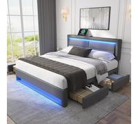 Gelukueub Lit capitonné 140 x 190 cm Avec Port USB (prend en Charge le chargement sans fil et filaire), Avec éclairage LED et Quatre tiroirs de Rangement, sans matelas, Design PU Litchi, Noir (Grey)