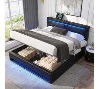 Gelukueub Lit rembourré 140 x 190 cm, Avec Port USB (supporte le chargement sans fil et filaire), Avec éclairage LED et Espace de Rangement, sans matelas, PU Lychee Design (nero)