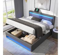 Gelukueub Lit rembourré 140 x 190 cm, Avec Port USB (supporte le chargement sans fil et filaire), Avec éclairage LED et Espace de Rangement, sans matelas, PU Lychee Design (grigio)
