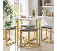 Gelukueub Set tavolo da pranzo con quattro sedie, set da pranzo con piano in MDF e telaio in ferro dorato, sedia in velluto, moderni tavoli e sedie di lusso, grigio (White+Gray + MDF+Metal + Seats 4)
