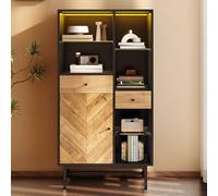 Gelukueub Vetrina vetrina con 12 colori LED a LED, armadietto da cucina con cassetti e ripiani in vetro, venature triangolari del legno