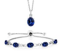 Gem Stone King - Set di bracciale con ciondolo in cristallo zaffiro blu ovale da 7,33 carati