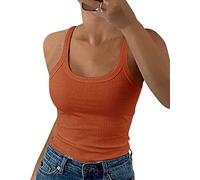 GEMBERA Canotta da Donna con Spalline Sottili, Scollo a U, a Costine, vestibilità Aderente, in Cotone, Senza Maniche, per Layering, Arancione/Rosso Sera a Zig-Zag (Sunset Chevron), S