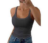GEMBERA Canotta da Donna con Spalline Sottili, Scollo a U, a Costine, vestibilità Aderente, in Cotone, Senza Maniche, per Layering, Grigio Scuro, XL