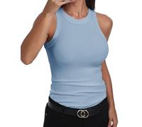 GEMBERA, Canotta vogatore da donna, senza maniche, a collo alto, basica, in cotone, a costine, aderente, Azzurro, XL
