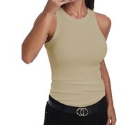 GEMBERA, Canotta Vogatore da Donna, Senza Maniche, a Collo Alto, Basica, in Cotone, a Costine, Aderente, Beige, S