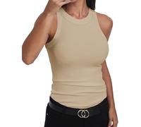 GEMBERA, Canotta Vogatore da Donna, Senza Maniche, a Collo Alto, Basica, in Cotone, a Costine, Aderente, Beige, S