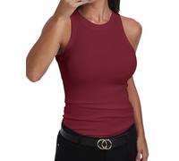 GEMBERA, Canotta Vogatore da Donna, Senza Maniche, a Collo Alto, Basica, in Cotone, a Costine, Aderente, Borgogna, L