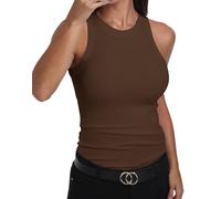 GEMBERA, Canotta Vogatore da Donna, Senza Maniche, a Collo Alto, Basica, in Cotone, a Costine, Aderente, Marrone, M