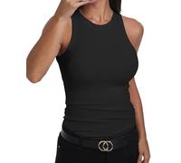 GEMBERA, Canotta vogatore da donna, senza maniche, a collo alto, basica, in cotone, a costine, aderente, nero, L