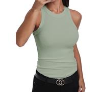 GEMBERA, Canotta Vogatore da Donna, Senza Maniche, a Collo Alto, Basica, in Cotone, a Costine, Aderente, Verde Chiaro, L