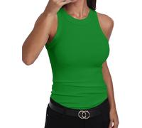 GEMBERA, Canotta vogatore da donna, senza maniche, a collo alto, basica, in cotone, a costine, aderente, Verde kelly, S