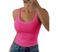 GEMBERA Canottiera da Donna con Spalline Sottili e Scollo Rotondo a Costine, in Cotone, Senza Maniche, a Strati, Rosa Acceso, L