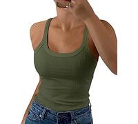 GEMBERA Canottiera da Donna con Spalline Sottili e Scollo Rotondo a Costine, in Cotone, Senza Maniche, a Strati, Verde Oliva., XL