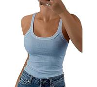 GEMBERA Canottiera da Donna con Spalline Sottili e Scollo Rotondo a Costine, in Cotone, Senza Maniche, a Strati, Celeste (Baby Blue), L