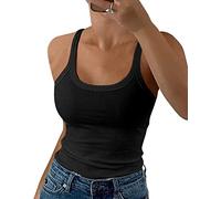 GEMBERA Canottiera da donna con spalline sottili e scollo rotondo a costine, in cotone, senza maniche, a strati, nero, XS