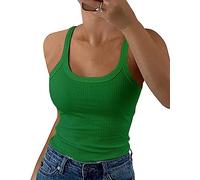 GEMBERA Canottiera da Donna con Spalline Sottili e Scollo Rotondo a Costine, in Cotone, Senza Maniche, a Strati, Verde KellyGreen, L