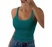 GEMBERA Canottiera da Donna con Spalline Sottili e Scollo Rotondo a Costine, in Cotone, Senza Maniche, a Strati, Verde Acqua, S