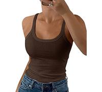 GEMBERA Canottiera da Donna con Spalline Sottili e Scollo Rotondo a Costine, in Cotone, Senza Maniche, a Strati, Marrone, L