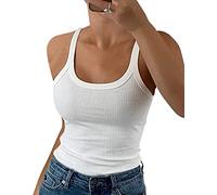GEMBERA Canottiera da Donna con Spalline Sottili e Scollo Rotondo a Costine, in Cotone, Senza Maniche, a Strati, Bianco, S