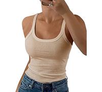 GEMBERA Canottiera da Donna con Spalline Sottili e Scollo Rotondo a Costine, in Cotone, Senza Maniche, a Strati, Beige Tan, M