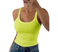 GEMBERA Canottiera da Donna con Spalline Sottili e Scollo Rotondo a Costine, in Cotone, Senza Maniche, a Strati, Verde Fluorescente, M