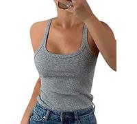 GEMBERA Canottiera da donna con spalline sottili e scollo rotondo a costine, in cotone, senza maniche, a strati, Grigio erica, L