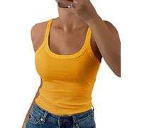 GEMBERA Canottiera da donna con spalline sottili e scollo rotondo a costine, in cotone, senza maniche, a strati, Giallo, M