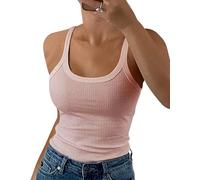 GEMBERA Canottiera da donna con spalline sottili e scollo rotondo a costine, in cotone, senza maniche, a strati, Cammeo rosa., S