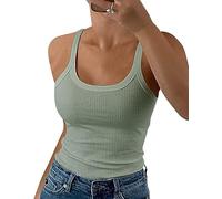 GEMBERA Canottiera da Donna con Spalline Sottili e Scollo Rotondo a Costine, in Cotone, Senza Maniche, a Strati, Verde Salvia, XL