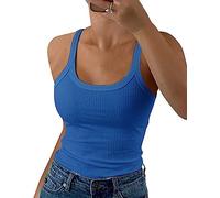 GEMBERA Canottiera da donna con spalline sottili e scollo rotondo a costine, in cotone, senza maniche, a strati, Blu Savoia, S