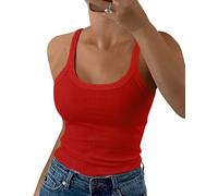 GEMBERA Canottiere a Costine con Spalline Sottili e Scollo Rotondo da Donna - Canotta Aderente in Cotone Basic Senza Maniche, Rosso, L
