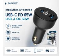 Gembird Caricatore Auto 65W USB-C + USB-A con Display LED, Caricabatterie Rapido PD Fast Charge per iPhone 16/15/14/13, Samsung Galaxy, Xiaomi, Huawei, iPad, Tablet, Presa Accendisigari Auto 12V/24V