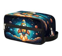GeMeFv Borsa da toeletta da viaggio portatile da appendere a forma di razzo con pianeta spaziale, borsa da barba per uomo e donna, Cartone animato Razzo Spazio Pianeta, 10.5×4.4×5.3 in