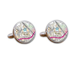 Gemelli a forma di mappa dello stadio di calcio, gemelli con mappa del Chelsea Ground Maps, gemelli rotondi con mappa del ponte di Stamford