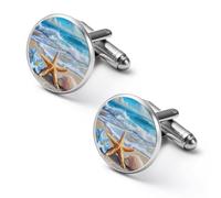 Gemelli alla moda da uomo, motivo onde oceaniche, conchiglie e stelle marine, set di gemelli classici per camicie per matrimoni e affari, 2.0cm, Metallo, Nessuna pietra preziosa